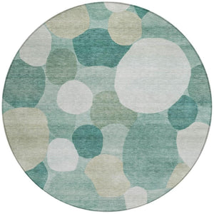 HomeRoots 8' Teal Blue & Ivory Round Geometric Rug - Stylish, Washable Design for Indoor & Outdoor Spaces! 689567
