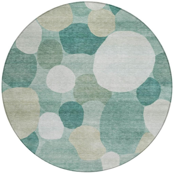 HomeRoots 8' Teal Blue & Ivory Round Geometric Rug - Stylish, Washable Design for Indoor & Outdoor Spaces! 689567