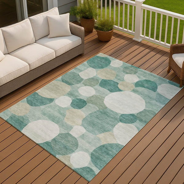 HomeRoots 9' X 12' Teal Blue & Ivory Geometric Area Rug - Washable, Stain-Resistant for Indoor & Outdoor Use! 689569