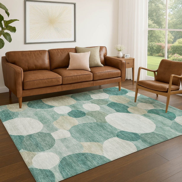 HomeRoots 9' X 12' Teal Blue & Ivory Geometric Area Rug - Washable, Stain-Resistant for Indoor & Outdoor Use! 689569