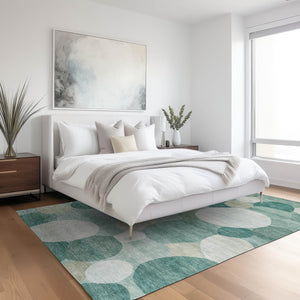 HomeRoots 9' X 12' Teal Blue & Ivory Geometric Area Rug - Washable, Stain-Resistant for Indoor & Outdoor Use! 689569