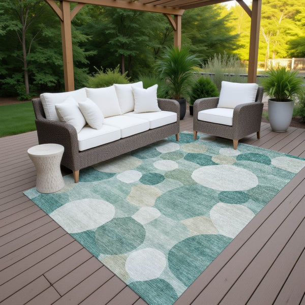 HomeRoots 9' X 12' Teal Blue & Ivory Geometric Area Rug - Washable, Stain-Resistant for Indoor & Outdoor Use! 689569