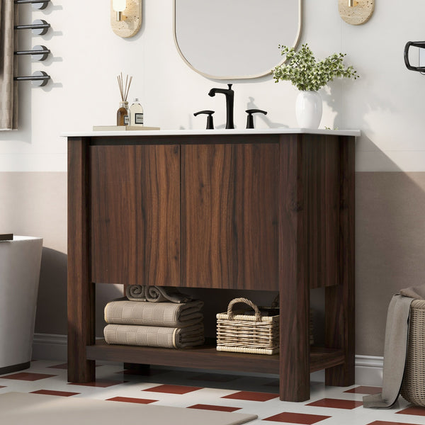 English Elm Christopher Knight Home® - 36" Modern Wall-Mounted Bathroom Vanity with Ceramic Sink, Soft-Close Doors, Fluted Accent & Open Shelves Antique brown N817P245321B