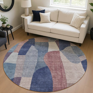 HomeRoots 8' Blue and Copper Round Abstract Area Rug - Durable, Washable, Stylish for Indoor & Outdoor Spaces 689573