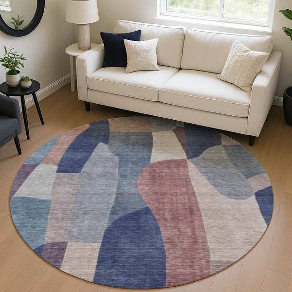 HomeRoots 8' Blue and Copper Round Abstract Area Rug - Durable, Washable, Stylish for Indoor & Outdoor Spaces 689573