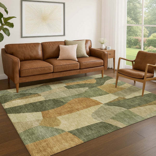 HomeRoots 5' X 8' Fern Green & Gold Abstract Area Rug - Stylish, Durable, Machine Washable for Indoor/Outdoor Use 689578