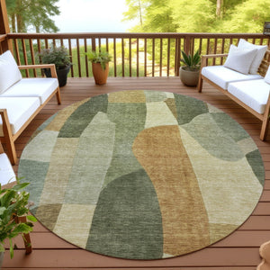 HomeRoots 8' Fern Green and Gold Round Abstract Washable Rug - Durable, Stylish, Versatile for Indoor/Outdoor Use 689579