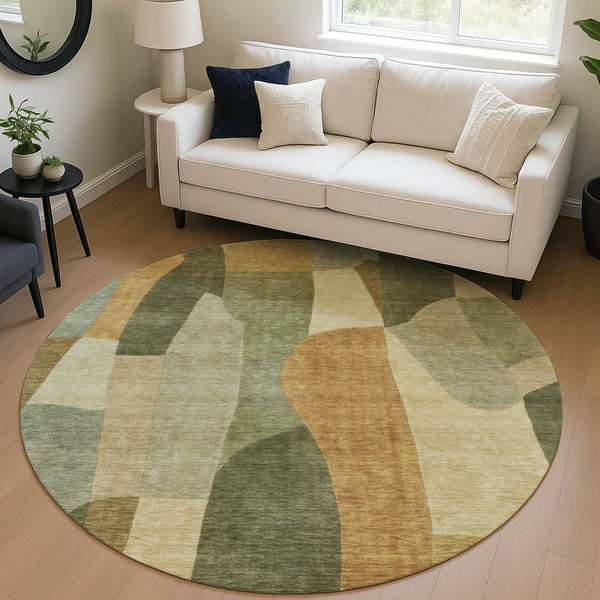 HomeRoots 8' Fern Green and Gold Round Abstract Washable Rug - Durable, Stylish, Versatile for Indoor/Outdoor Use 689579