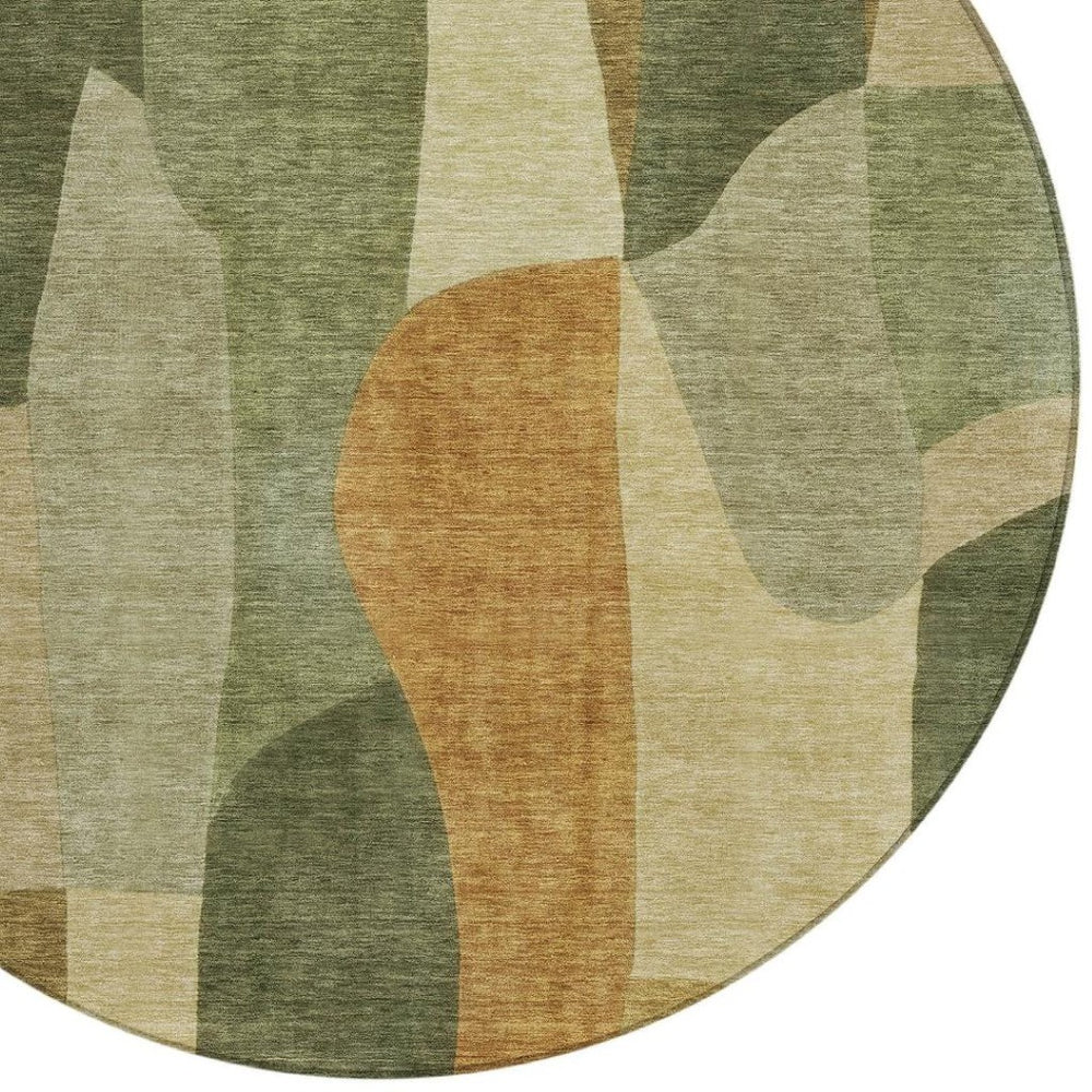 HomeRoots 8' Fern Green and Gold Round Abstract Washable Rug - Durable, Stylish, Versatile for Indoor/Outdoor Use 689579