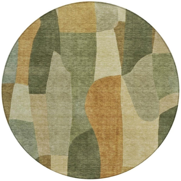 HomeRoots 8' Fern Green and Gold Round Abstract Washable Rug - Durable, Stylish, Versatile for Indoor/Outdoor Use 689579