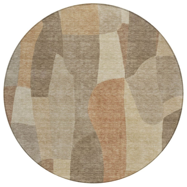 HomeRoots 8' Khaki and Beige Round Abstract Rug - Stylish, Washable, Indoor/Outdoor, Perfect for High-Traffic Areas 689585