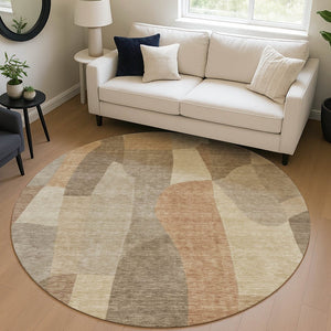 HomeRoots 8' Khaki and Beige Round Abstract Rug - Stylish, Washable, Indoor/Outdoor, Perfect for High-Traffic Areas 689585