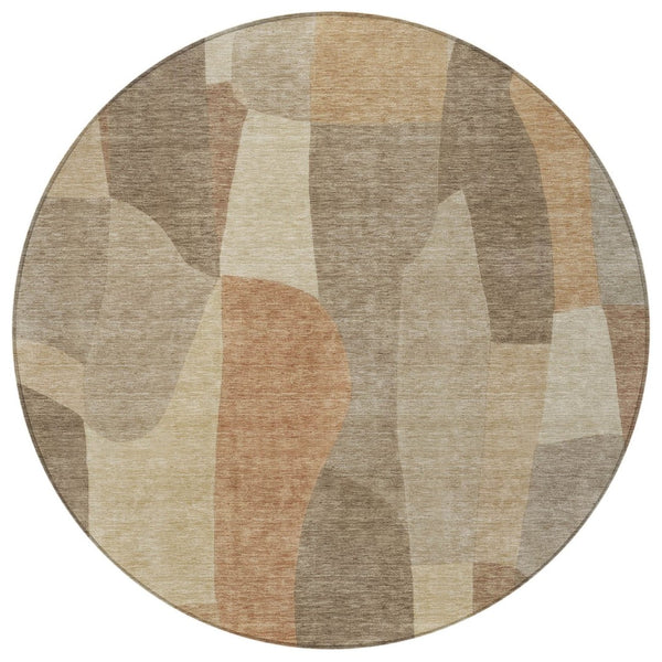 HomeRoots 8' Khaki and Beige Round Abstract Rug - Stylish, Washable, Indoor/Outdoor, Perfect for High-Traffic Areas 689585