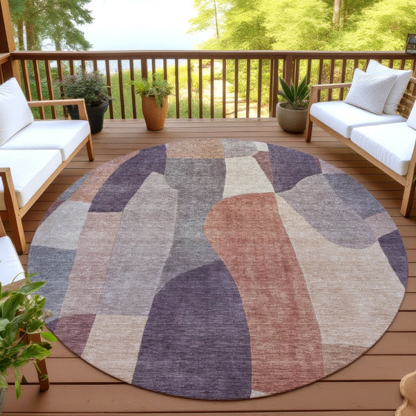 HomeRoots 8' Plum and Copper Round Abstract Rug - Stylish, Washable, Durable for Indoor & Outdoor Spaces! 689591