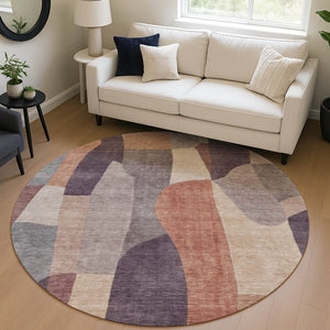HomeRoots 8' Plum and Copper Round Abstract Rug - Stylish, Washable, Durable for Indoor & Outdoor Spaces! 689591