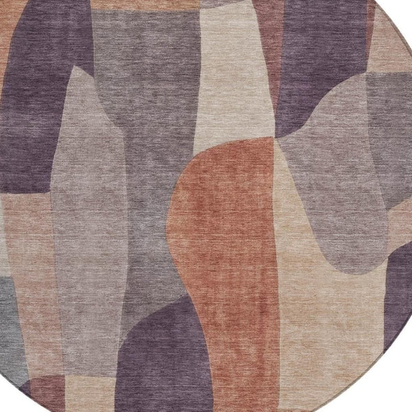 HomeRoots 8' Plum and Copper Round Abstract Rug - Stylish, Washable, Durable for Indoor & Outdoor Spaces! 689591