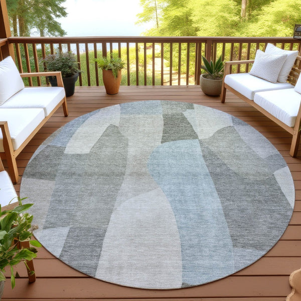 HomeRoots 8' Contemporary Taupe and Blue Round Abstract Washable Rug for Indoor & Outdoor Versatility 689597