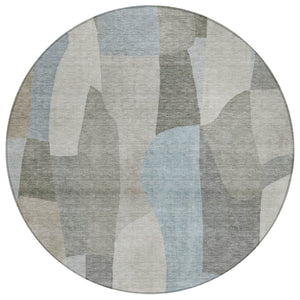 HomeRoots 8' Contemporary Taupe and Blue Round Abstract Washable Rug for Indoor & Outdoor Versatility 689597