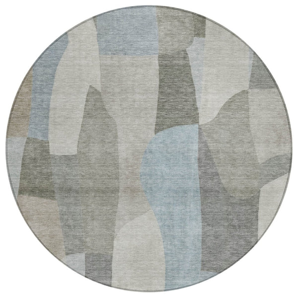 HomeRoots 8' Contemporary Taupe and Blue Round Abstract Washable Rug for Indoor & Outdoor Versatility 689597