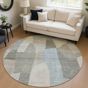 HomeRoots 8' Contemporary Taupe and Blue Round Abstract Washable Rug for Indoor & Outdoor Versatility 689597