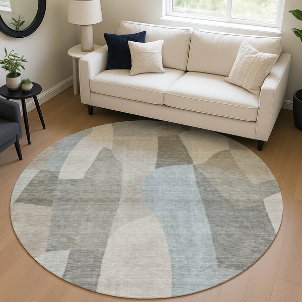 HomeRoots 8' Contemporary Taupe and Blue Round Abstract Washable Rug for Indoor & Outdoor Versatility 689597