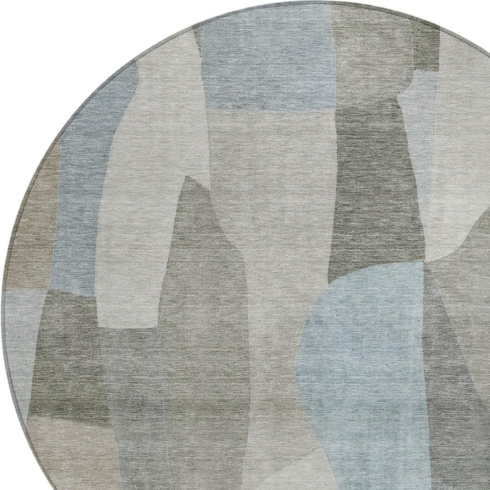 HomeRoots 8' Contemporary Taupe and Blue Round Abstract Washable Rug for Indoor & Outdoor Versatility 689597