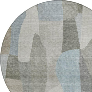 HomeRoots 8' Contemporary Taupe and Blue Round Abstract Washable Rug for Indoor & Outdoor Versatility 689597