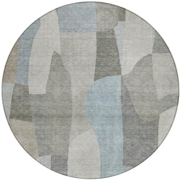 HomeRoots 8' Contemporary Taupe and Blue Round Abstract Washable Rug for Indoor & Outdoor Versatility 689597