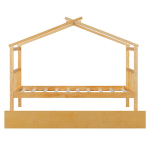 English Elm Twin House Bed Solid Pine Cottage Frame with Pull Out Trundle for Kids Bedroom Natural N708P309238M