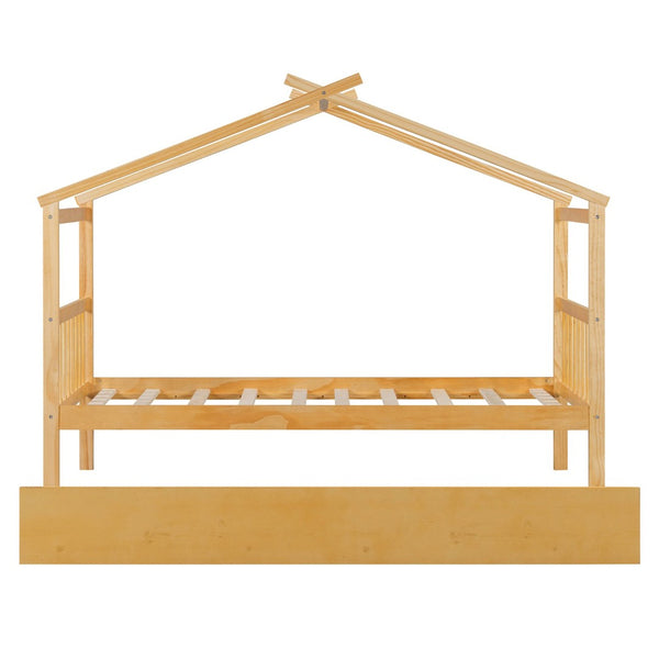 English Elm Twin House Bed Solid Pine Cottage Frame with Pull Out Trundle for Kids Bedroom Natural N708P309238M
