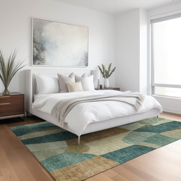 HomeRoots 5' Teal Blue and Copper Abstract Area Rug - Durable, Washable, Stylish for Indoor & Outdoor Spaces 689602