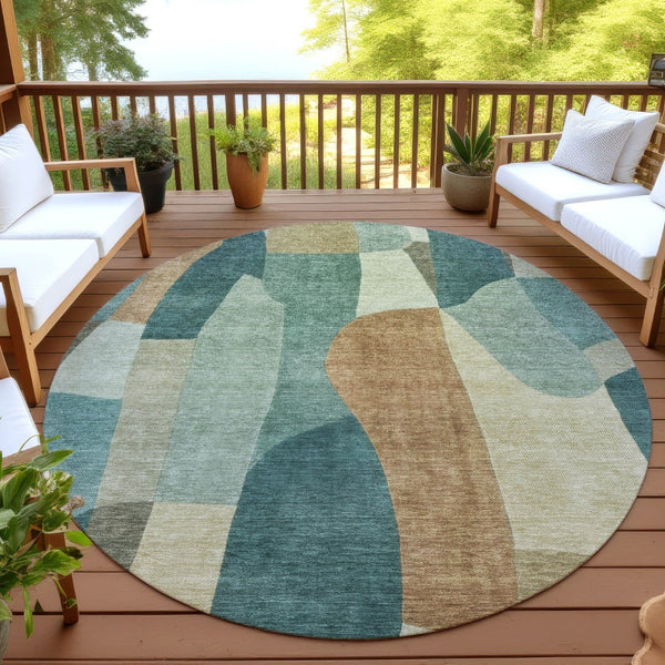 HomeRoots 8' Teal Blue & Copper Round Abstract Area Rug - Durable, Washable, Indoor/Outdoor for All Spaces 689603
