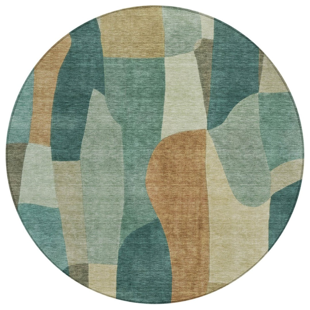 HomeRoots 8' Teal Blue & Copper Round Abstract Area Rug - Durable, Washable, Indoor/Outdoor for All Spaces 689603