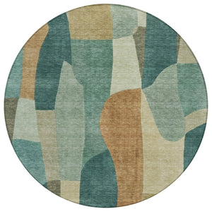 HomeRoots 8' Teal Blue & Copper Round Abstract Area Rug - Durable, Washable, Indoor/Outdoor for All Spaces 689603