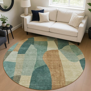 HomeRoots 8' Teal Blue & Copper Round Abstract Area Rug - Durable, Washable, Indoor/Outdoor for All Spaces 689603