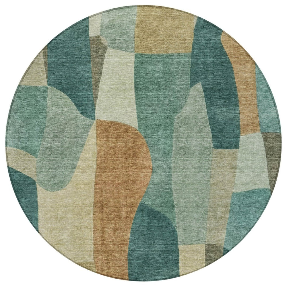 HomeRoots 8' Teal Blue & Copper Round Abstract Area Rug - Durable, Washable, Indoor/Outdoor for All Spaces 689603