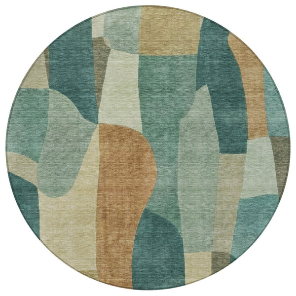 HomeRoots 8' Teal Blue & Copper Round Abstract Area Rug - Durable, Washable, Indoor/Outdoor for All Spaces 689603