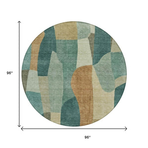 HomeRoots 8' Teal Blue & Copper Round Abstract Area Rug - Durable, Washable, Indoor/Outdoor for All Spaces 689603