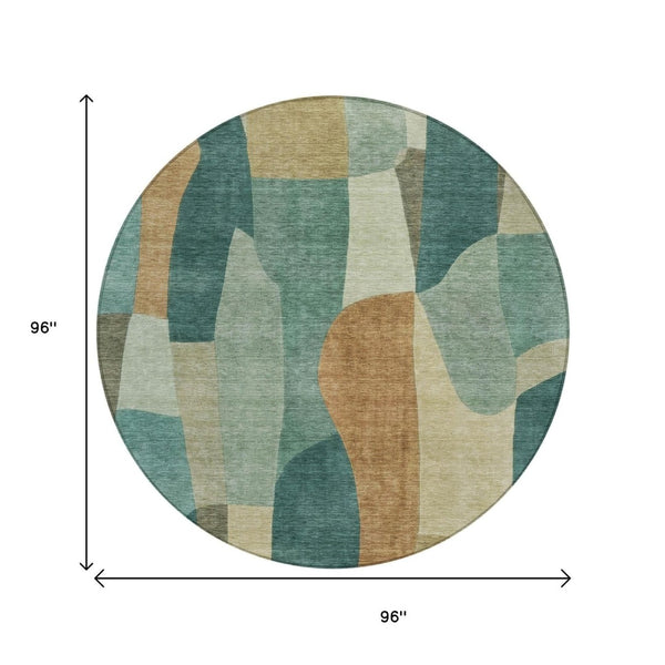 HomeRoots 8' Teal Blue & Copper Round Abstract Area Rug - Durable, Washable, Indoor/Outdoor for All Spaces 689603