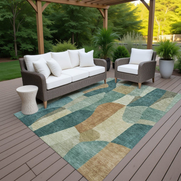 HomeRoots 10' Teal Blue & Copper Abstract Washable Area Rug - Stylish, Durable, Indoor/Outdoor Use, Low Maintenance 689606
