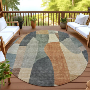 HomeRoots 8' Terra Cotta & Gray Round Abstract Rug - Washable, Durable, Stylish for Indoor or Outdoor Spaces 689609