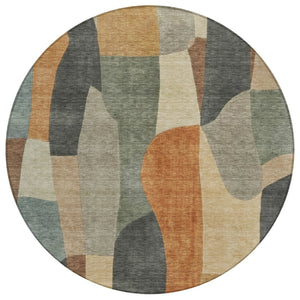 HomeRoots 8' Terra Cotta & Gray Round Abstract Rug - Washable, Durable, Stylish for Indoor or Outdoor Spaces 689609