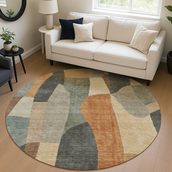 HomeRoots 8' Terra Cotta & Gray Round Abstract Rug - Washable, Durable, Stylish for Indoor or Outdoor Spaces 689609
