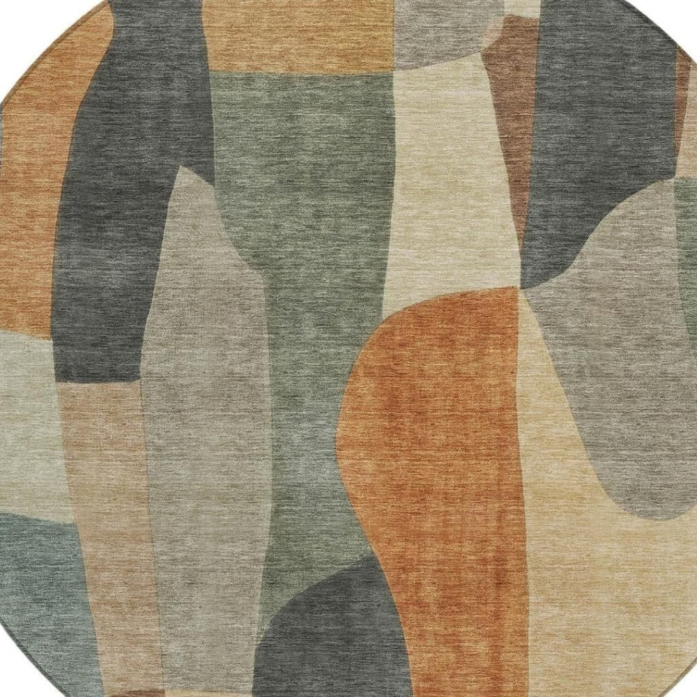 HomeRoots 8' Terra Cotta & Gray Round Abstract Rug - Washable, Durable, Stylish for Indoor or Outdoor Spaces 689609