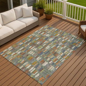 HomeRoots 5' X 8' Artichoke Green Copper Ivory Striped Washable Rug - Stylish Indoor Outdoor Elegance 689614