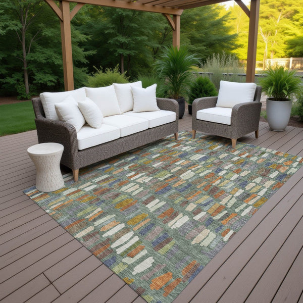 HomeRoots 5' X 8' Artichoke Green Copper Ivory Striped Washable Rug - Stylish Indoor Outdoor Elegance 689614