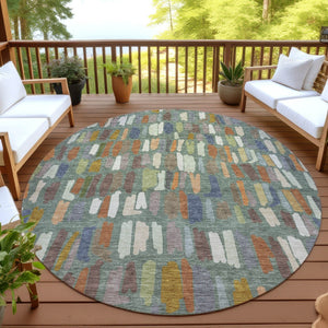 HomeRoots 8' Striped Artichoke Green, Copper & Ivory Round Washable Area Rug for Indoor & Outdoor Use 689615