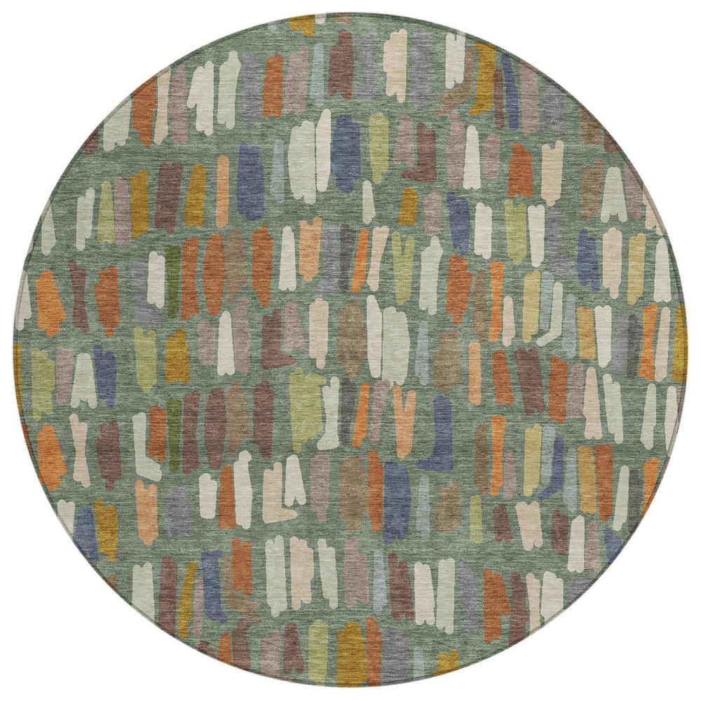 HomeRoots 8' Striped Artichoke Green, Copper & Ivory Round Washable Area Rug for Indoor & Outdoor Use 689615