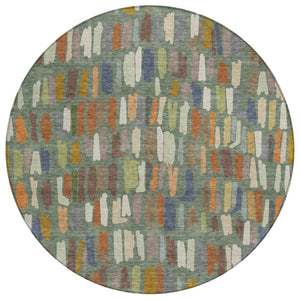 HomeRoots 8' Striped Artichoke Green, Copper & Ivory Round Washable Area Rug for Indoor & Outdoor Use 689615