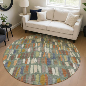 HomeRoots 8' Striped Artichoke Green, Copper & Ivory Round Washable Area Rug for Indoor & Outdoor Use 689615